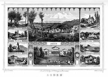 Südansicht von Bad Soden und Teilansicht des Kurhauses mit beidseitig angefügten Ansichten nahe gelegener Orte/Ausflugsziele, 1862