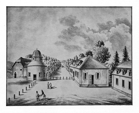 Ansicht de Wildunger Stadtbrunnens, heutige Georg-Victor-Quellen, um 1830