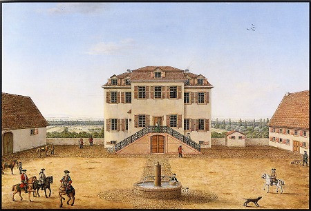 Ansicht auf Hof und Herrenbau des Parforcehof zu Bessungen, 1872