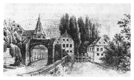 Die Mühle an der Nidda, im Hintergrund Junkerturm mit Zeltdach, um 1810