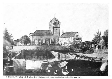 Ansicht des Dorfplatzes mit der Kirche in Breuna, vor 1876
