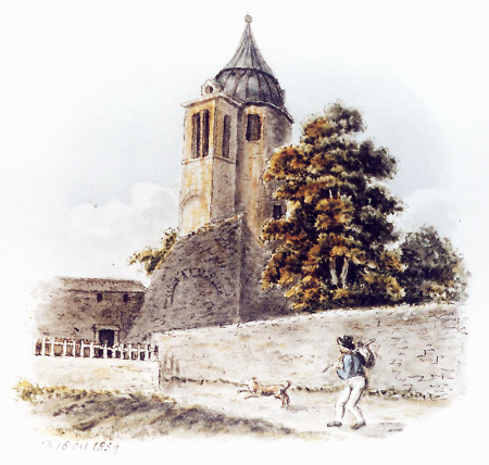 Ansicht von Stadtmauerresten und dem Turm des Solmser Schlosses von Süden, 1859