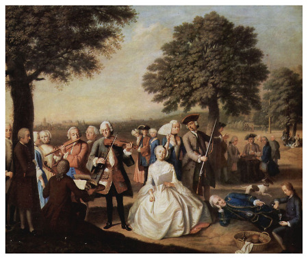 Konzert im Freien mit Stadt- und Schlossansicht Darmstadts im Hintergrund, um 1750