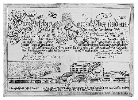 Westansicht von Darmstadts Neuer Vorstadt auf einer Handwerkskundschaft aus dem Jahr 1789, um 1775