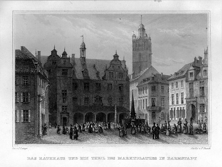 Ansicht des Rathauses mit Marktplatz, 1849