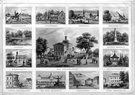 Erinnerungsblatt an Darmstadt mit 13 Ansichten, 1849