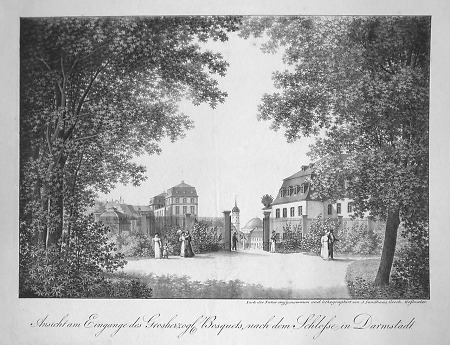 Ansicht des Garteneingangs hinter dem Schloss Darmstadt, um 1800
