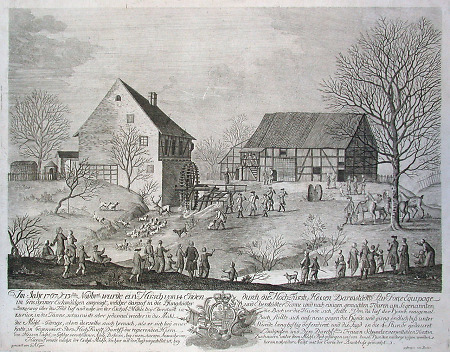 Ansicht der Eschollmühle mit Hochfürstlicher Parforcejagd am 13. November 1767, 1767