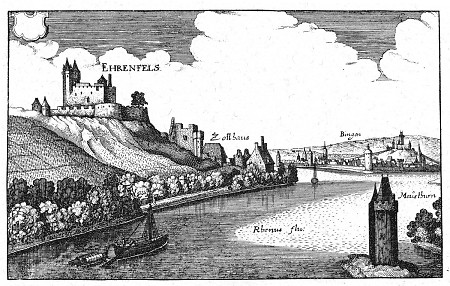 Ansicht der Burg Ehrenfels, des Mäuseturms und von Bingen, 1646