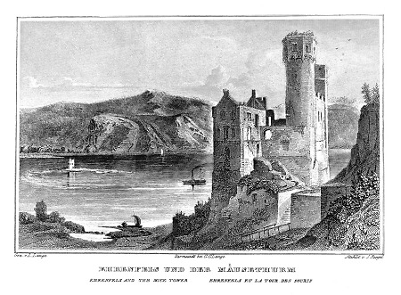 Ansicht von Burg Ehrenfels mit Mäuseturm im Hintergrund, 1862