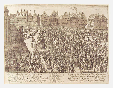 Ansicht des Römerbergs mit Zug der Kurfürsten zur Wahlkapelle, 1612