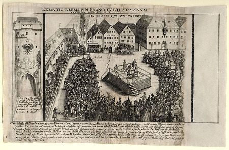 Ansicht des Rossmarkts bei der Hinrichtung des Aufständischen Vinzenz Fettmilichs am 28. Februar 1616.|Brückenturm mit geköpften Häuptern Fettmilchs und drei seiner Anhänger, 1616