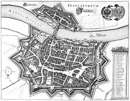 Befestigte Stadt Frankfurt mit Sachsenhausen aus der Vogelperspektive, 1646