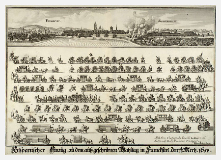 Einzug der Spanischen Gesandtschaft zum Wahltag 1658 mit Südwestansicht Frankfurts, 1658