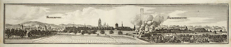 Südwestansicht Frankfurts mit Einzug der Spanischen Gesandtschaft zum Wahltag 1658, 1658