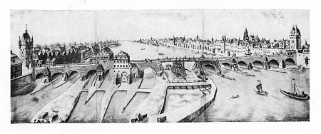 Ansicht der Steinernen Brücke beim Bau des Kreuzbogens, 1742