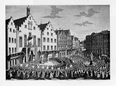 Ansicht des Römers mit Huldigung der Frankfurter Bürgerschaft vor dem neugekrönten Kaiser Franz I., 1745
