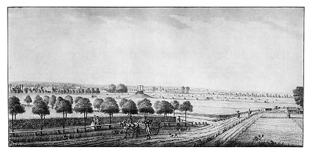 Blick auf das Galgenfeld mit dem Galgen an der Mainzer Landstraße, 1782