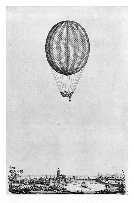 Jean-Pierre Blanchards Ballonfahrt von 1785 über einer Stadtansicht Frankfurts, 1785