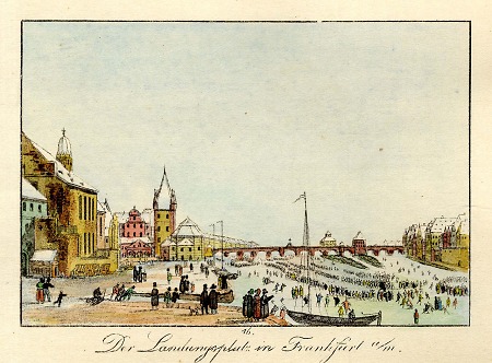 Ansicht des Landungsplatzes in Frankfurt mit zugefrorenem Main, 1825