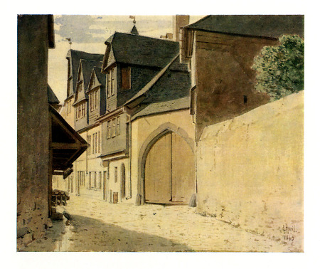 Blick in die Schlesinger Gasse mit Pfarrhaus, 1860