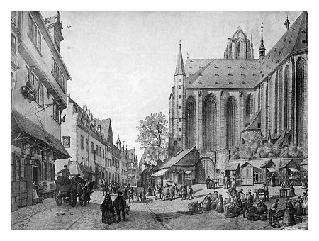 Der Dom, der Fischmarkt und die Partie am Leinwandhaus nahe der Saalgasse., 1860