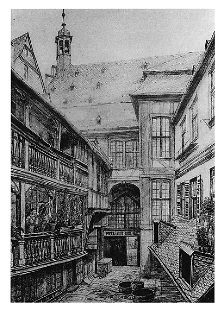 Blick in den Hinterhof des Hauses Wanebach am Paulsplatz, um 1875