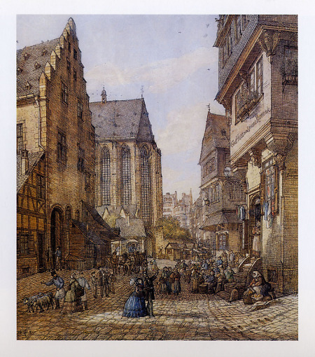 Der alte Buttermarkt in Frankfurt im Jahr 1856 mit den ehemaligen Häusern Stadtwage und Ochsenkopf, 1881