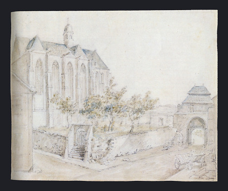 Ansicht der Evangelischen Stadtkirche mit Werkeltor, vor 1829