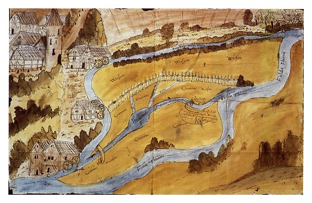 Mühlen und Mühlgraben südlich der ummauerten Stadt auf einer Karte von 1552: Horn-, Ziegel- und Walkmühle, 1552