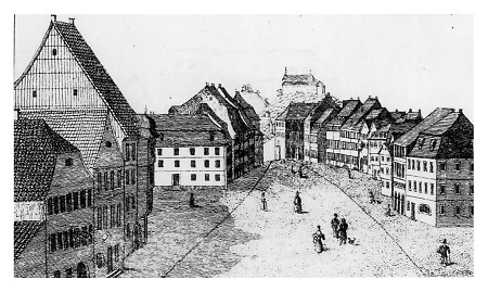 Blick in die Friedrichstraße nach Norden, im Hintergrund Kloster Frauenberg, nach 1829