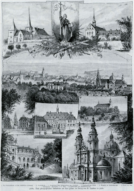 Vedute der Stadt von Norden, gerahmt von Ansichten einzelner Bauwerke Fuldas, vor 1882