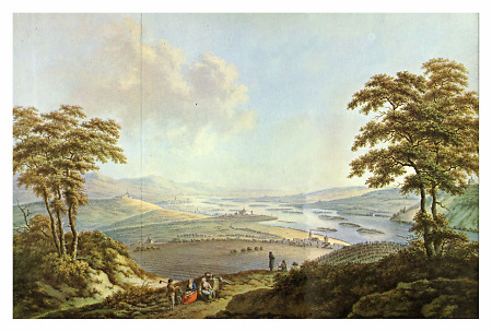 Rheinpanorama mit Rüdesheim, Geisenheim, Schloss Johannisberg und Rochuskapelle, um 1785