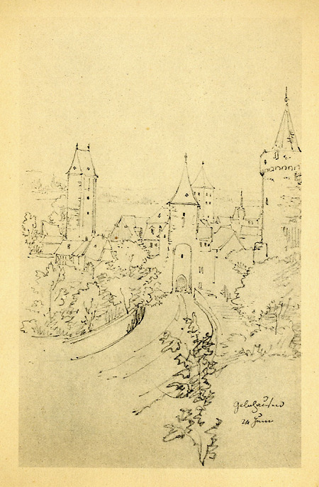 Ansicht des östlichen Burgtores mit Hexenturm; Schifftorturm und Ziegelturm, 1826/27