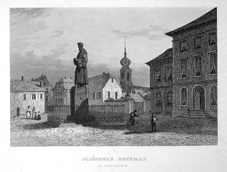 Ansicht des Peter-Schöffer-Platzes mit Denkmal, nach 1836