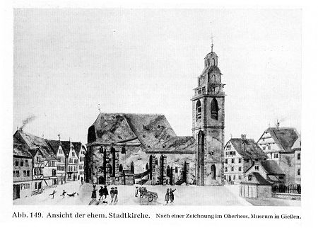 Ansicht der ehemaligen Stadtkirche in Gießen nach einer Zeichnung im Oberhessischen Museum in Gießen, undatiert
