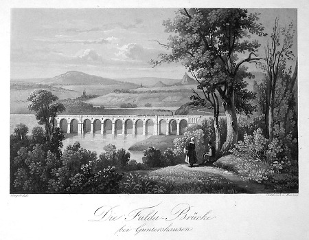 Ansicht der Fulda-Brücke bei Guntershausen, um 1850