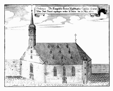 Seitenansicht der Johanneskirche zu Hanau von Osten, 1658