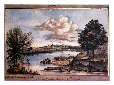 Blick von der Einfahrt zum Mainkanal nach Schloss Philippsruhe, 1808