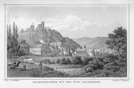 Ansicht von Helmarshausen und der Ruine Krukenburg, 1850