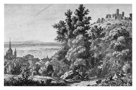 Teilansicht von Heppenheim mit Ruine Starkenburg, um 1800