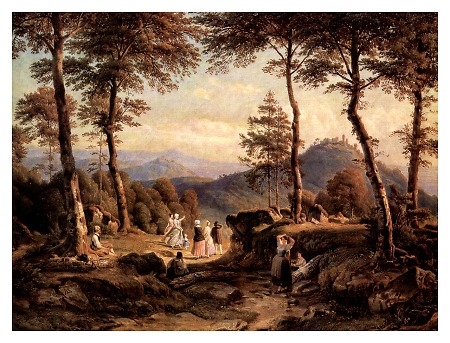 Odenwaldlandschaft mit Starkenburg und Aucherbacher Schloss, 1840/50