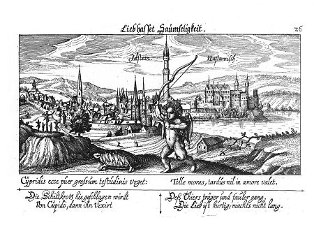 Ansicht von Idstein, vorne links Kreuzigungsgruppe, 1626