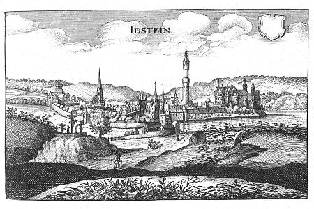Ansicht von Idstein; vorne links Kreuzigungsgruppe, 1646