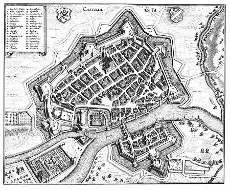 Stadt Kassel und ihre Befestigungsanlagen aus der Vogelperspektive, 1646