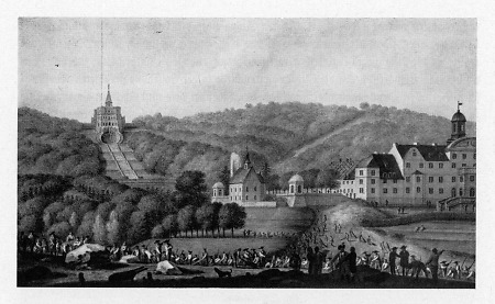 Blick auf das alte Schloss Weißenstein zur Zeit des Abbruchs der Gebäude im April 1786, 1786