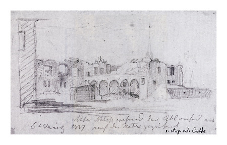 Ansicht des alten Residenzschlosses während des Abbruchs am 6. März 1817. Blick auf den Nordflügel, im Hintergrund Turm der Brüderkirche., 1817