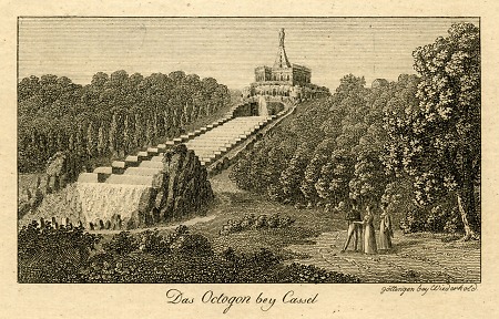 Ansicht der Kaskaden und des Oktogons im Schlosspark Wilhelmshöhe, vor 1820