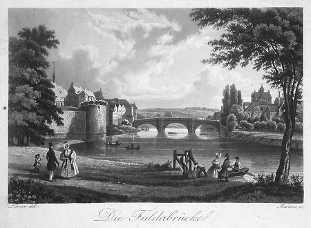 Blick auf die Fuldabrücke, um 1840
