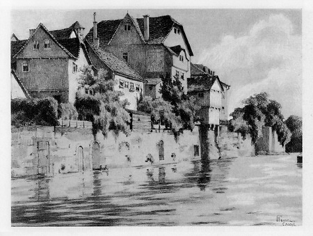 Blick auf die Häuser am rechten Fuldaufer in der Nähe der abgebrochenen alten Brücke, um 1900